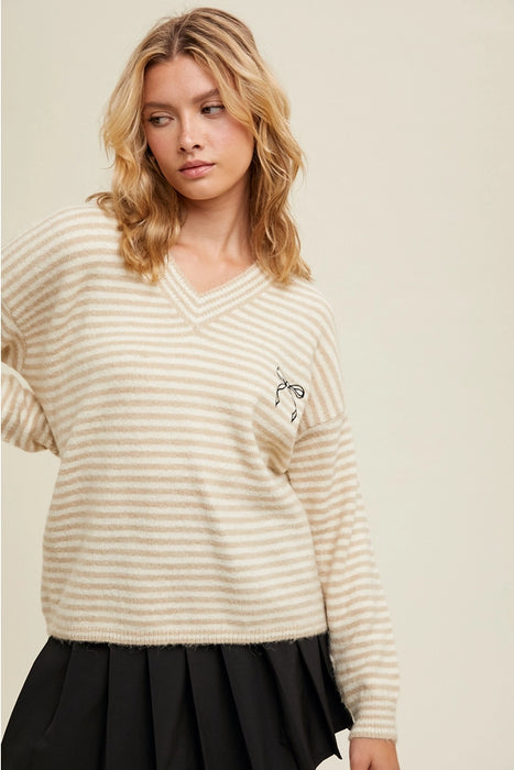 Bow Graphic Striped Sweater - Taupe/White