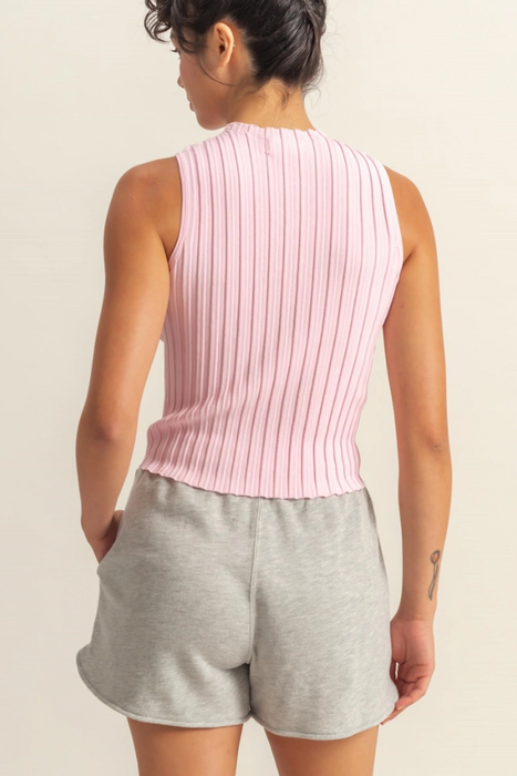 Ribbed Mock Neck Knit Top - Soft Pink