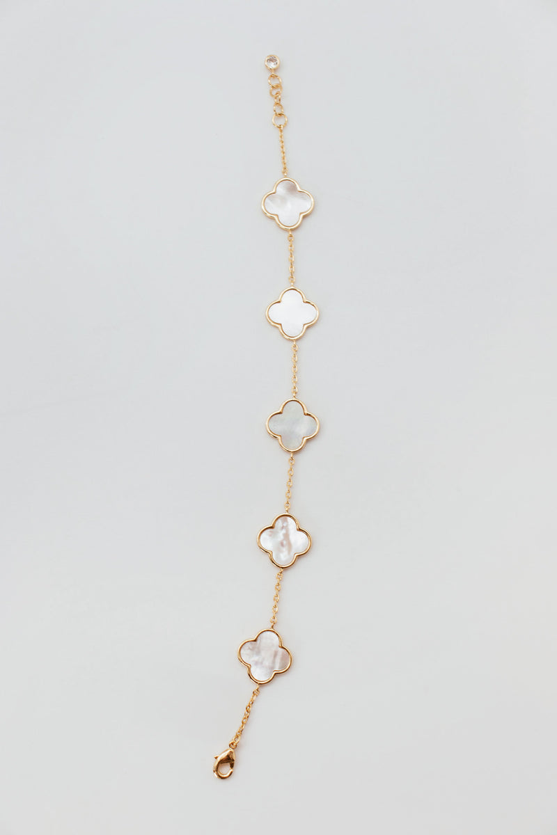 Gold/White 5 Mother Pearl Clover Station Bracelet - 23156