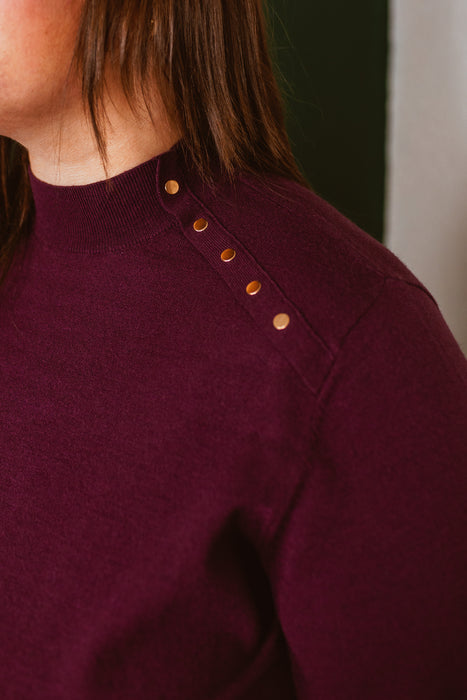 Mock Neck Sweater with Button Detail - Plum