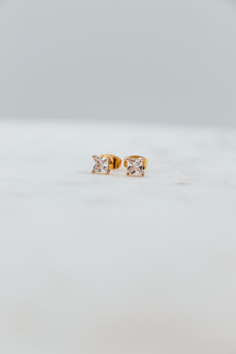 Gold 4mm CZ Princess Stud Earrings