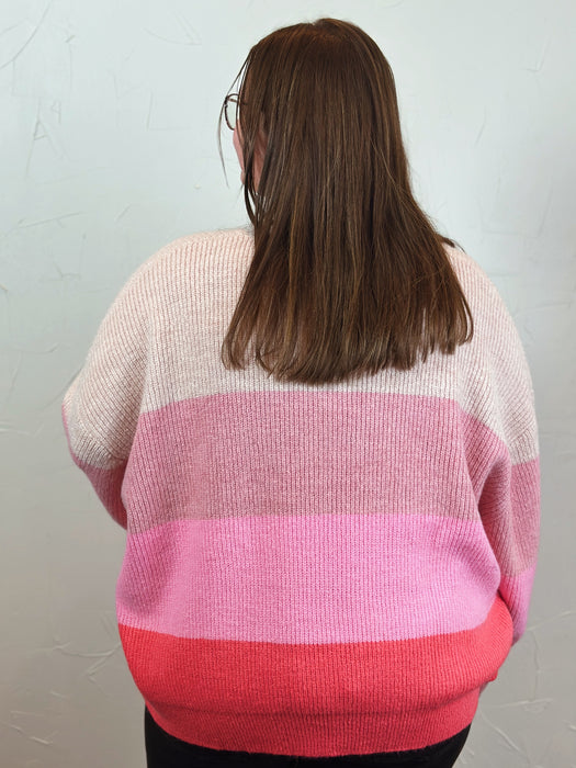 Long Sleeve Round Neck Stripe Color Block Sweater - Cream/Pink