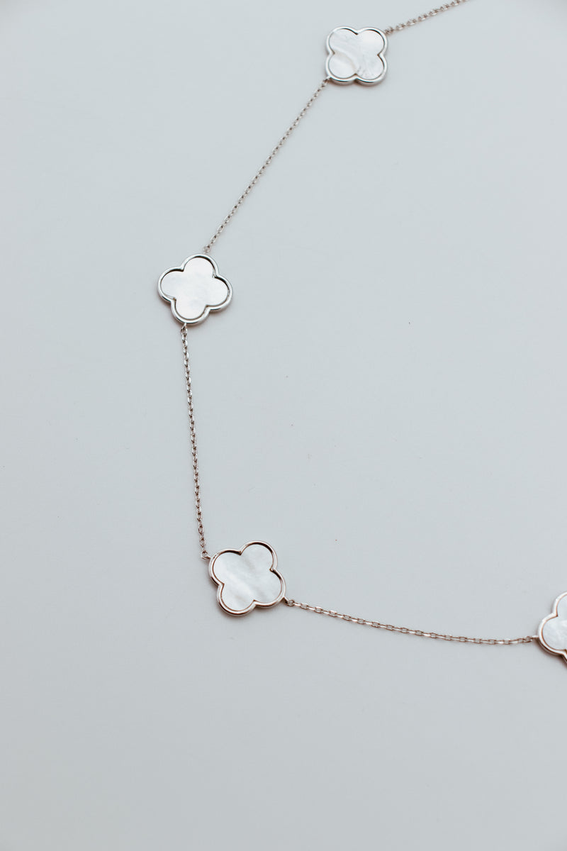 Rhodium Plated Jumbo MOP 5 Clover Station Necklace