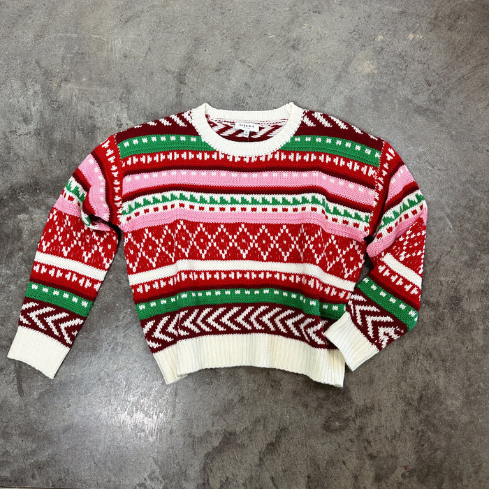 Round Neck Long Sleeve Sweater - Red/White