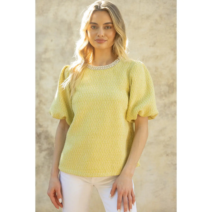 Pearl Trim Detail Neck Bubble Sleeve Tweed Top - Yellow