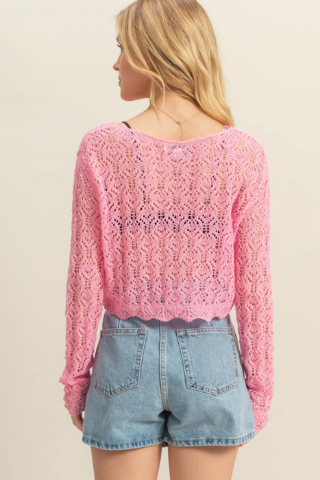 Scoop Neck Crochet Long Sleeve Top - Pink