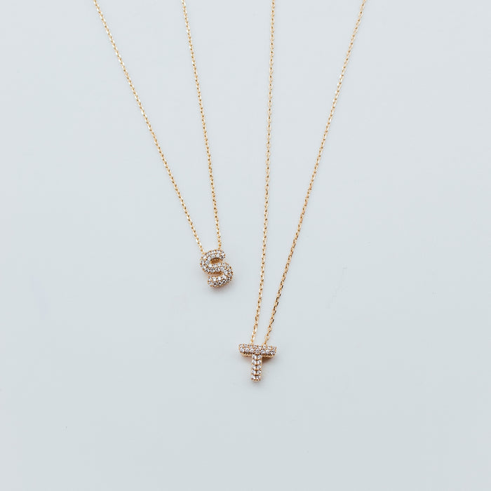 Initial Gold Plated Small Pave Bubble Necklace