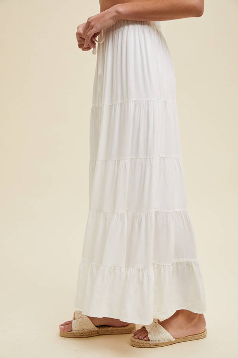 Tiered Maxi Skirt With Drawstring - White