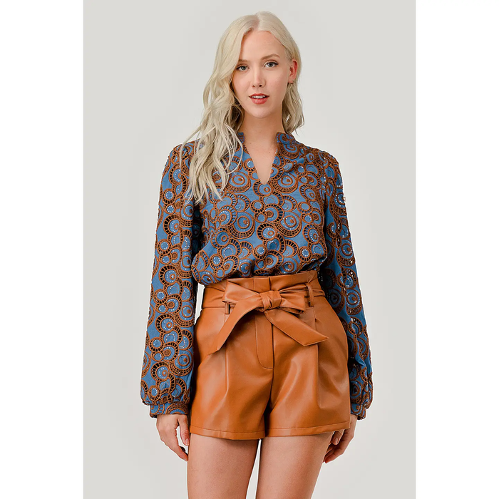 Long Sleeve Embroidered Shirt with Sequin - Blue/Brown