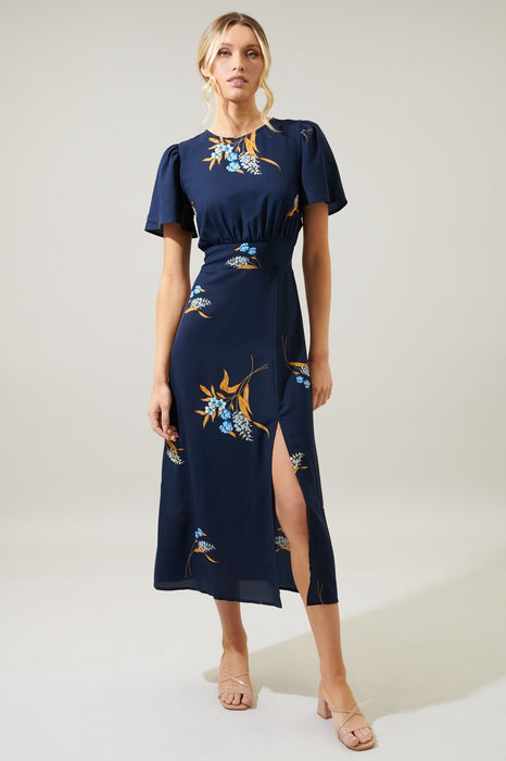 Dusk Bloom Floral Midi Dress - Navy/Multi