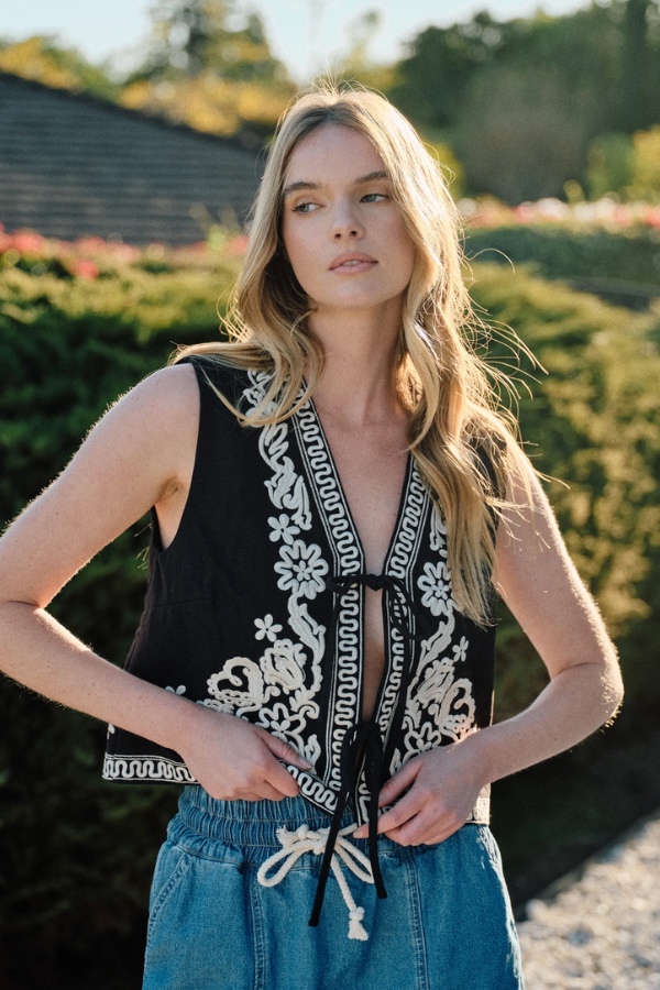 Embroidered Vest With Tie - Black