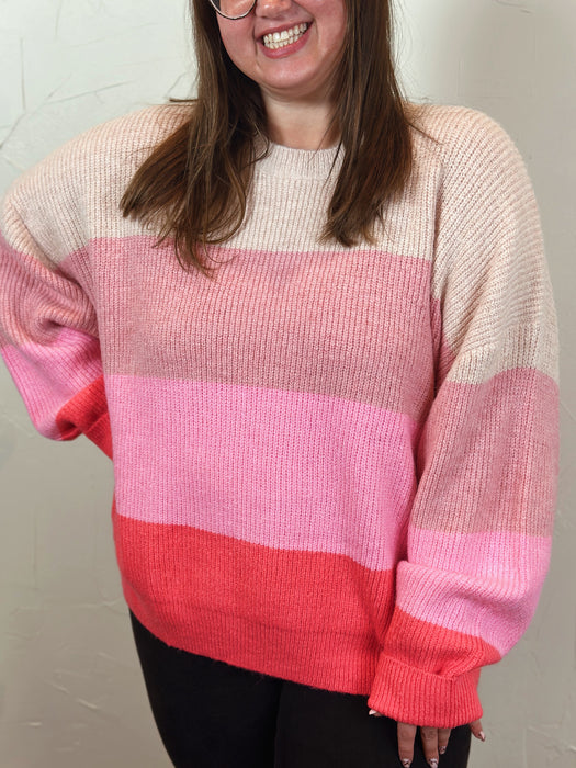 Long Sleeve Round Neck Stripe Color Block Sweater - Cream/Pink