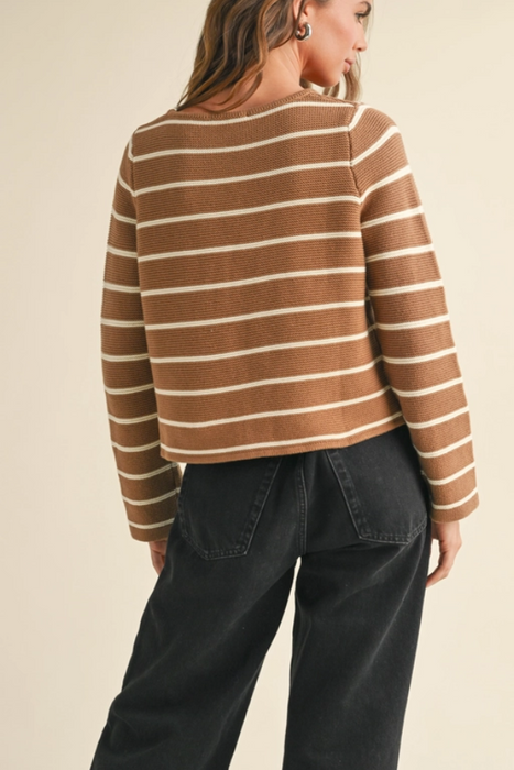 Striped Tie Front Cardigan - Mocha/White