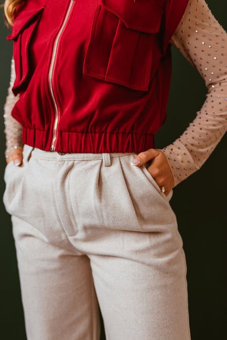 Brushed Pleated Slack Pants - Oatmeal