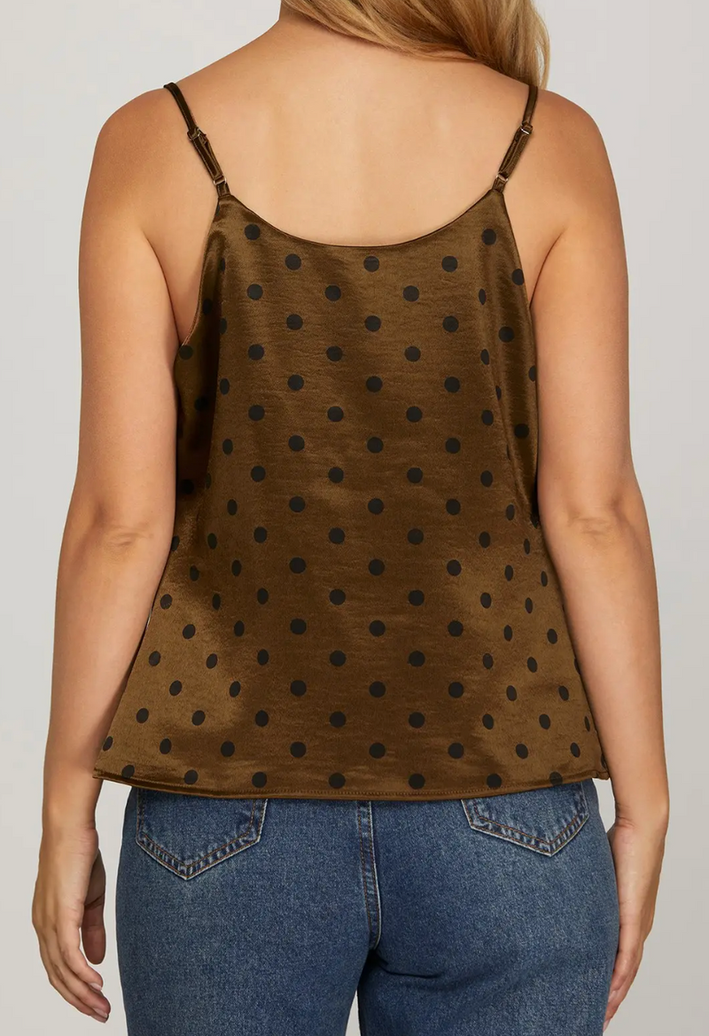Polka Dot Satin Cowl Neck Cami Bronze