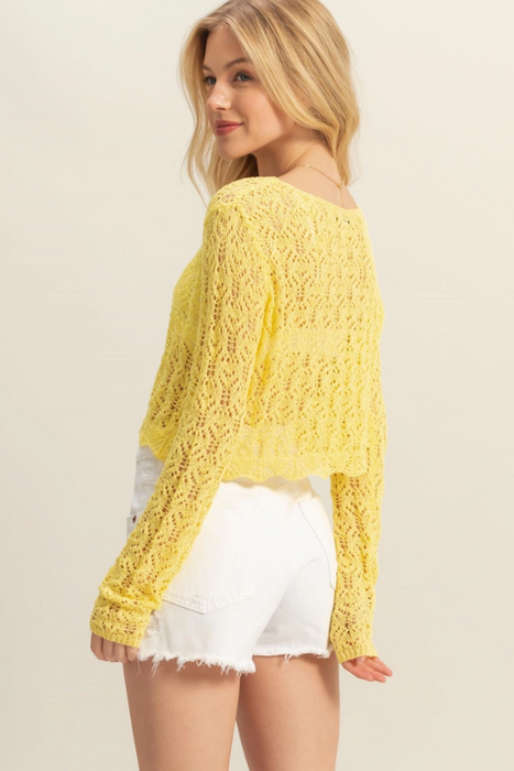 Scoop Neck Crochet Long Sleeve Top - Elfin Yellow