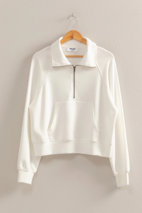 High Neck Half Zip Pocket Sweatshirt - White