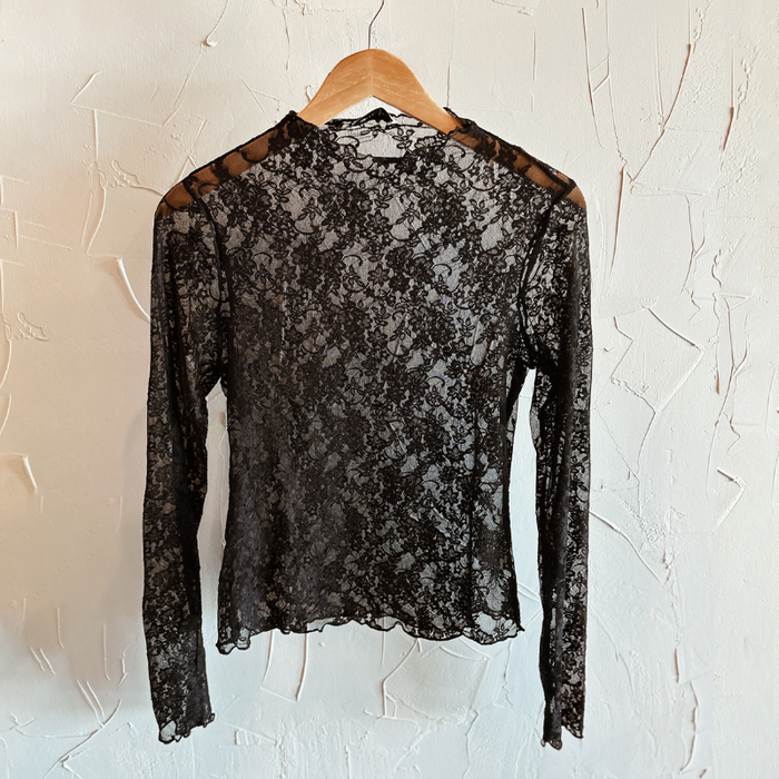 Long Sleeve Merrow Hem Floral Mesh Top - Black