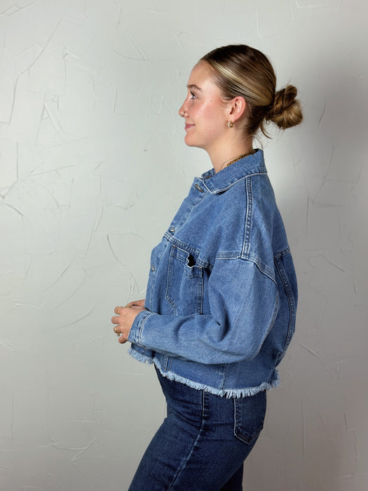 Cropped Raw Hem Denim Jacket - Medium Wash