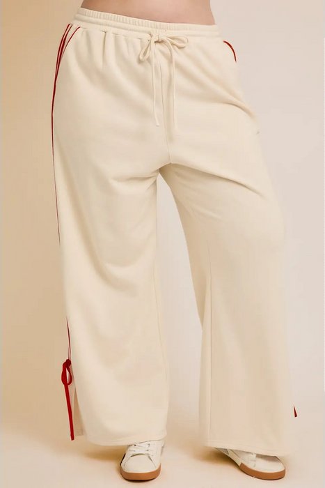 Draw String Sweatpants w/ Piping Detail - Cream/Red