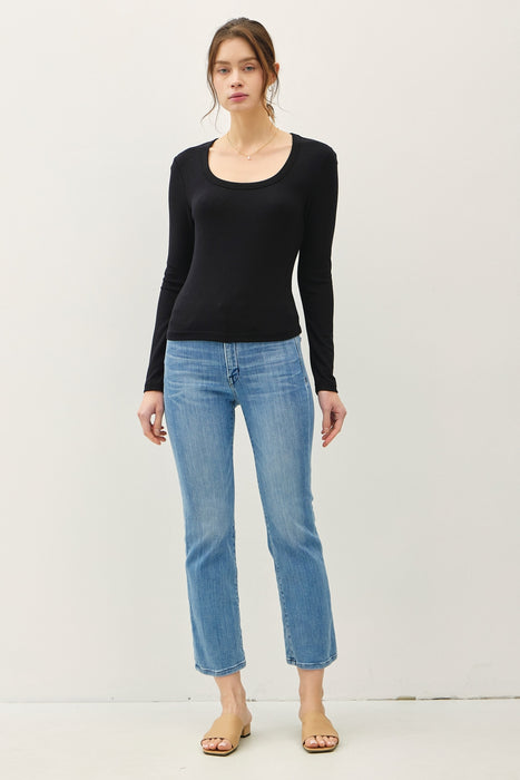 Basic Scoop Neck Long Sleeve Tee - Black