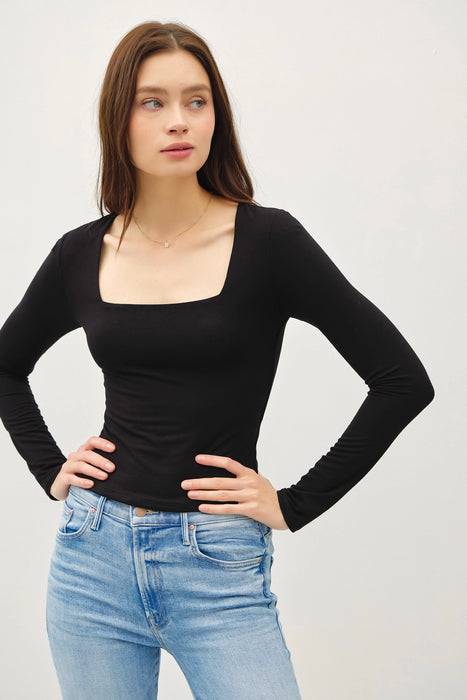 Basic Square Neck Long Sleeve Top - Black