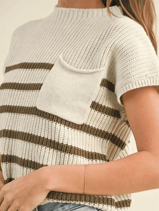 Half Mock Neck Striped Knit Top White Forest Green