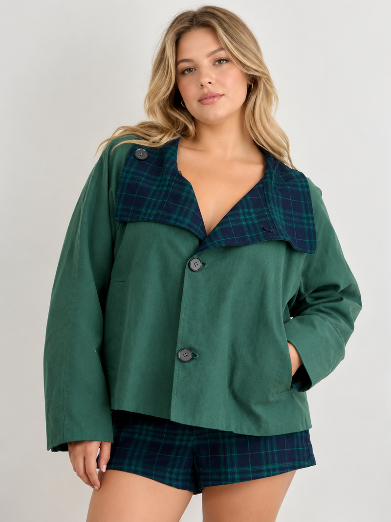 Reversible Crop Trench Coat - Hunter & Navy (Curvy)