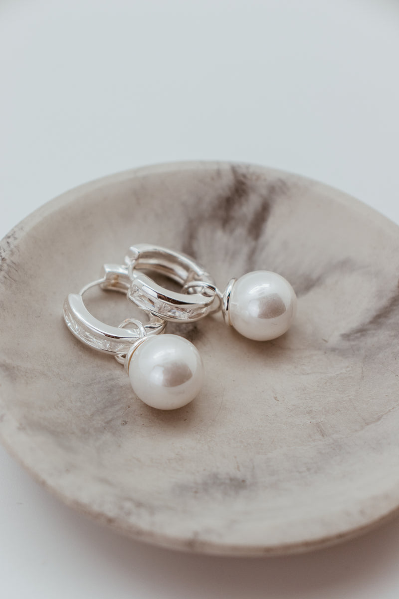 Sterling Silver Plated Jumbo Pearl & CZ Baguette Convertible Earring - 23690