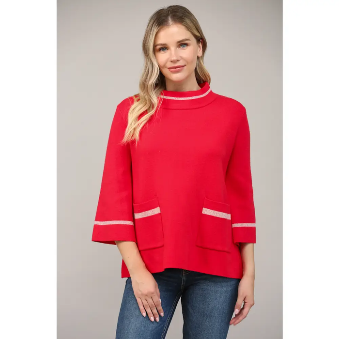 Yarn Detail Mock Neck Sweater - Red