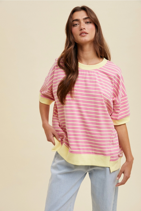 Contrast Striped Drop Shoulder Knit Top - Pink/Lemon