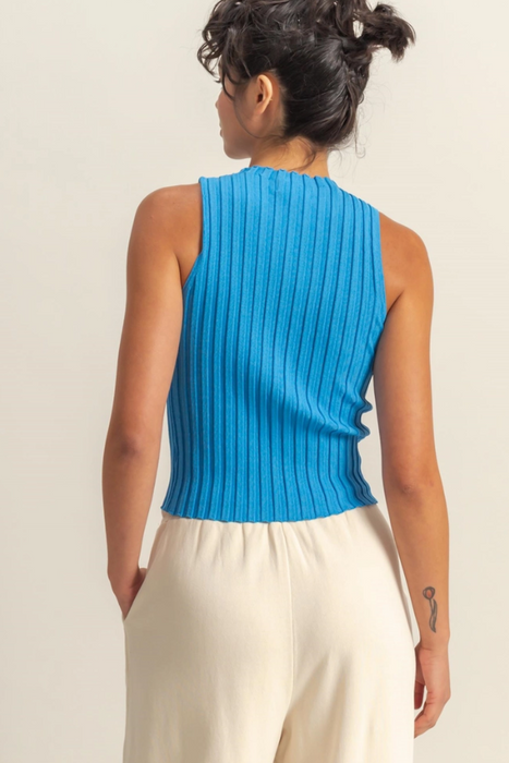 Ribbed Mock Neck Knit Top - Blue