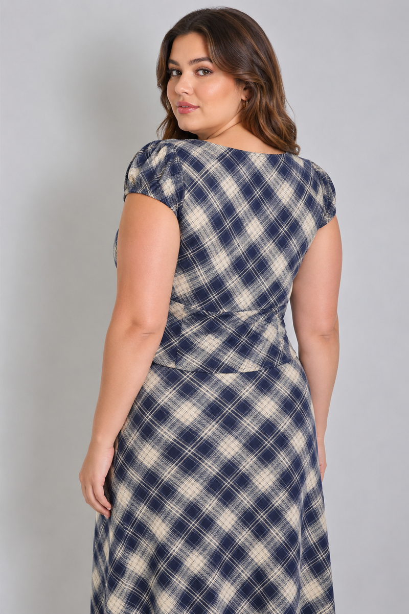 Plaid Cap Sleeve Top - Navy (Curvy)
