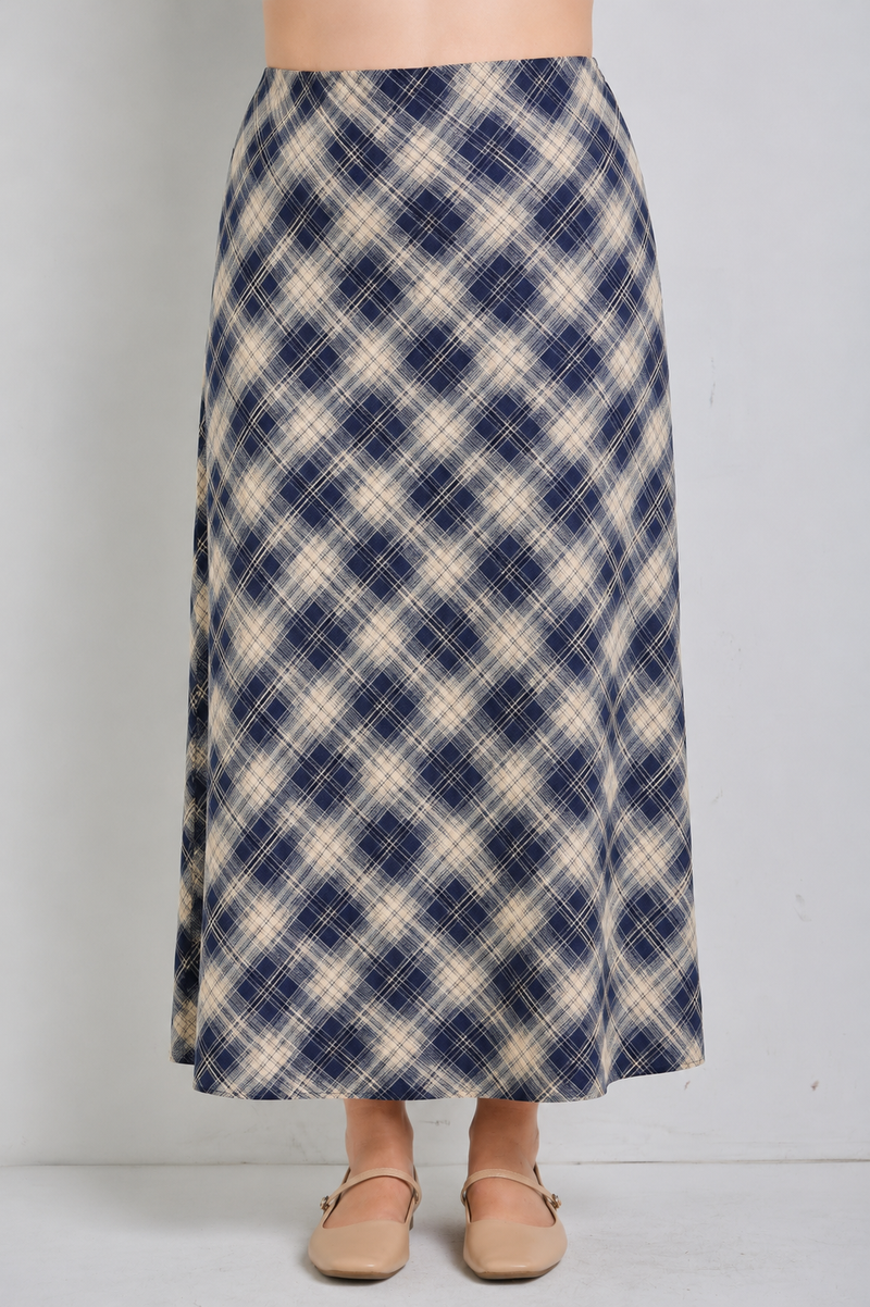 Plaid Midi Skirt - Navy (Curvy)