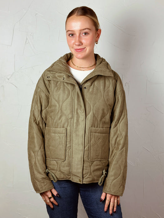 Quilted Puffer High Collar Jacket - Olive