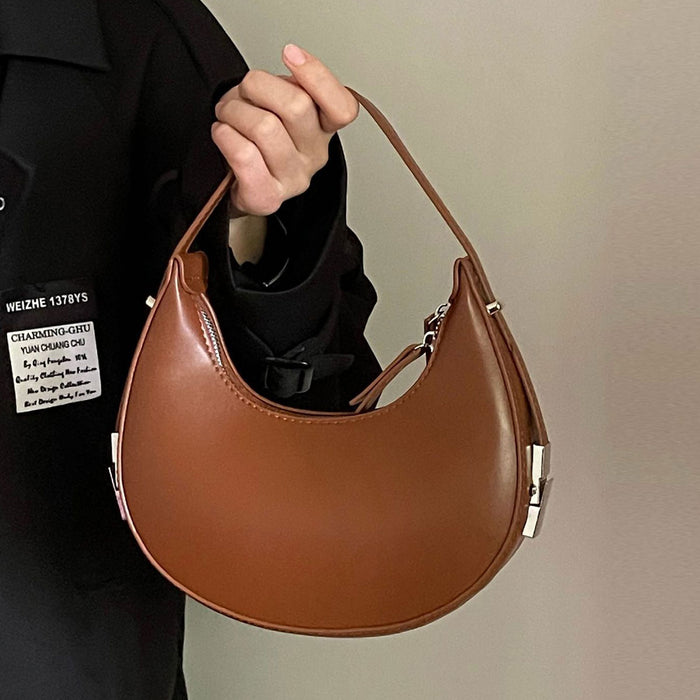 Brown Fashion Lock Crescent Shoulder Handbag