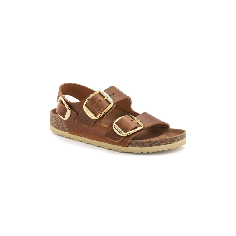 Birkenstock® • Milano Big Buckle Gold Oiled Leather - Cognac