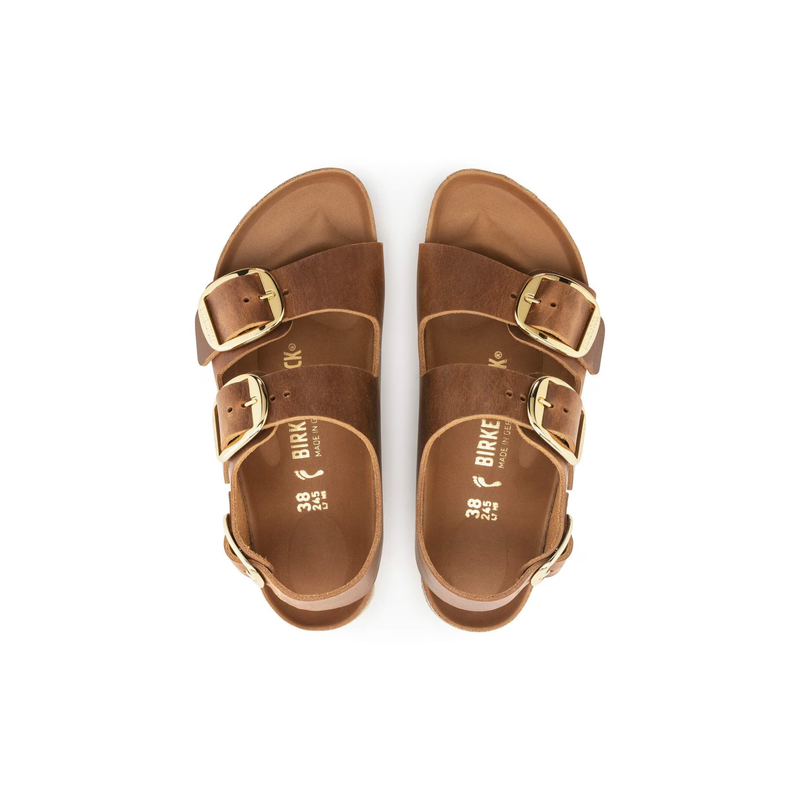 Birkenstock® • Milano Big Buckle Gold Oiled Leather - Cognac