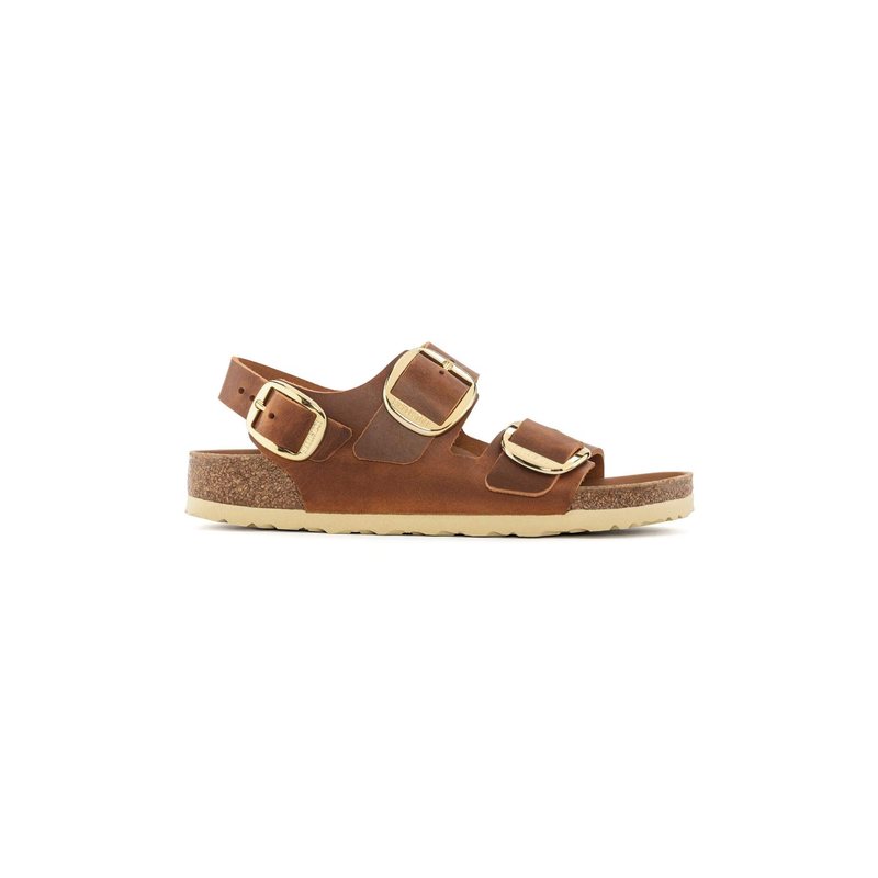 Birkenstock® • Milano Big Buckle Gold Oiled Leather - Cognac