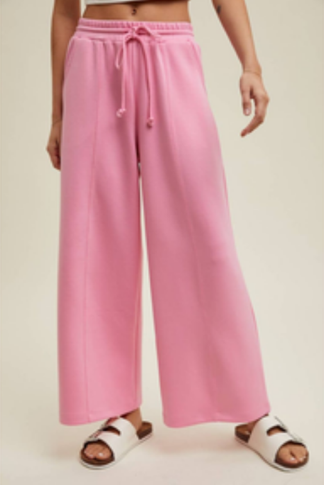 Scuba Drawstring Wide Leg Pants - Hibiscus