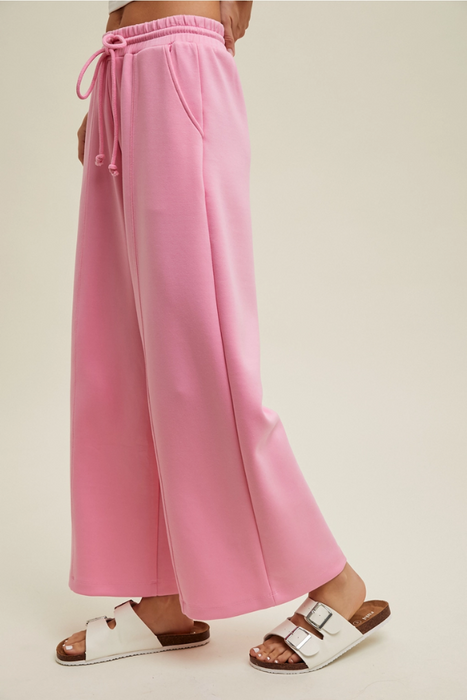 Scuba Drawstring Wide Leg Pants - Hibiscus