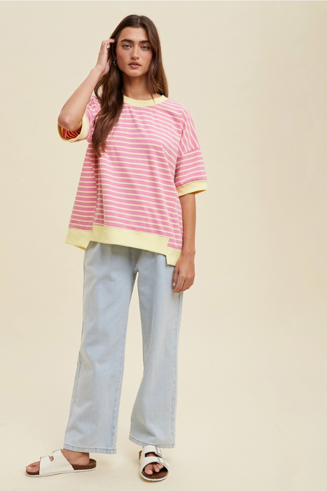 Contrast Striped Drop Shoulder Knit Top - Pink/Lemon