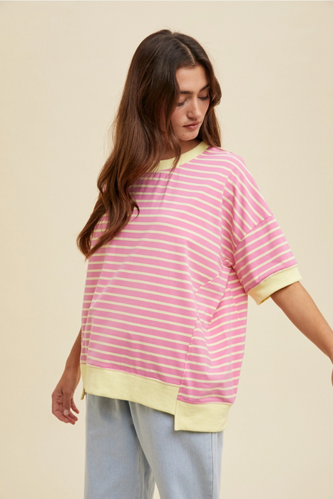 Contrast Striped Drop Shoulder Knit Top - Pink/Lemon