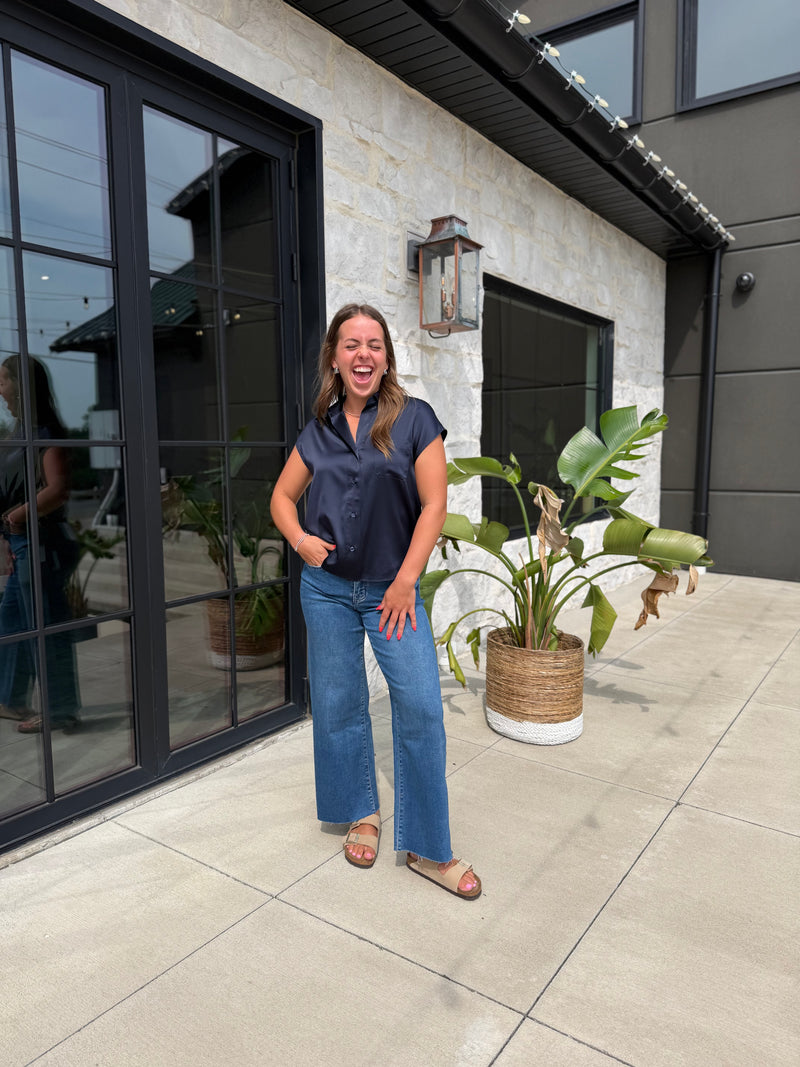 100% Silk Cap Sleeve Button-Down Blouse
