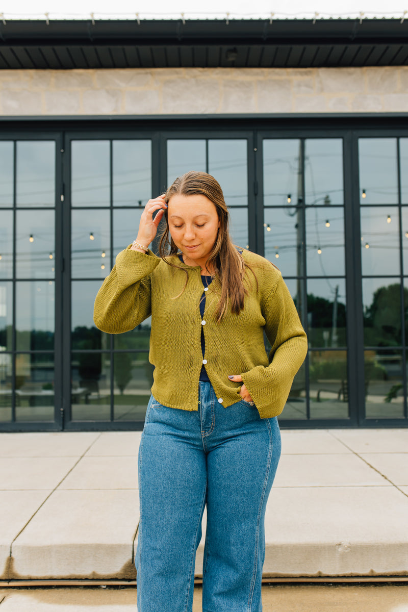 The Morgan Cardigan | Open Button Hole Long Sleeve Cardigan - Moss