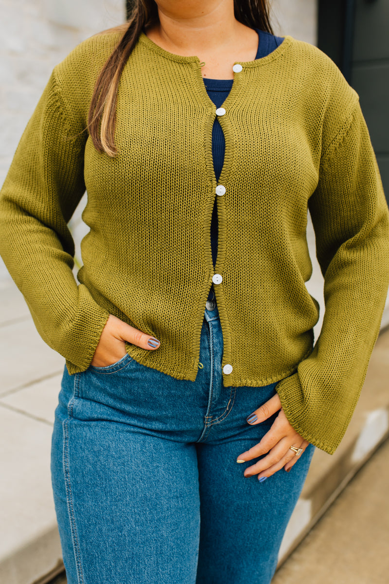 The Morgan Cardigan | Open Button Hole Long Sleeve Cardigan - Moss