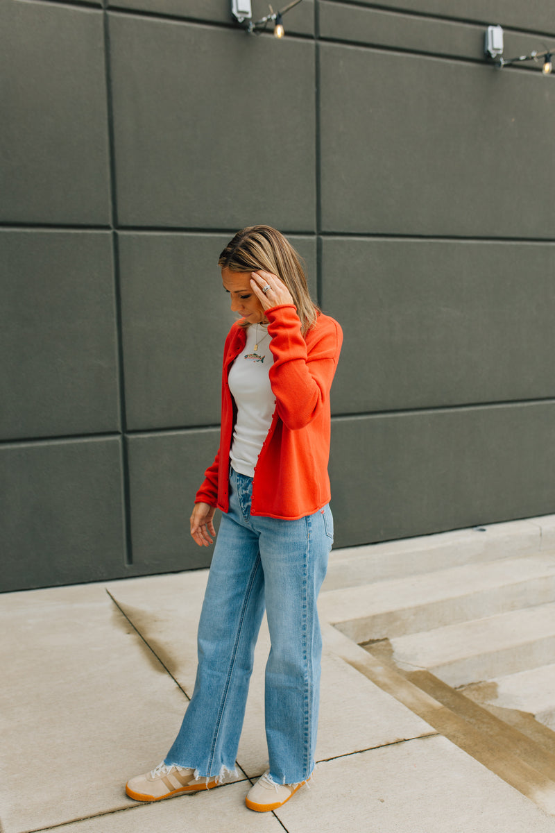 The Marlo Cardigan | Raw Hem Button-Down Cardigan- Red
