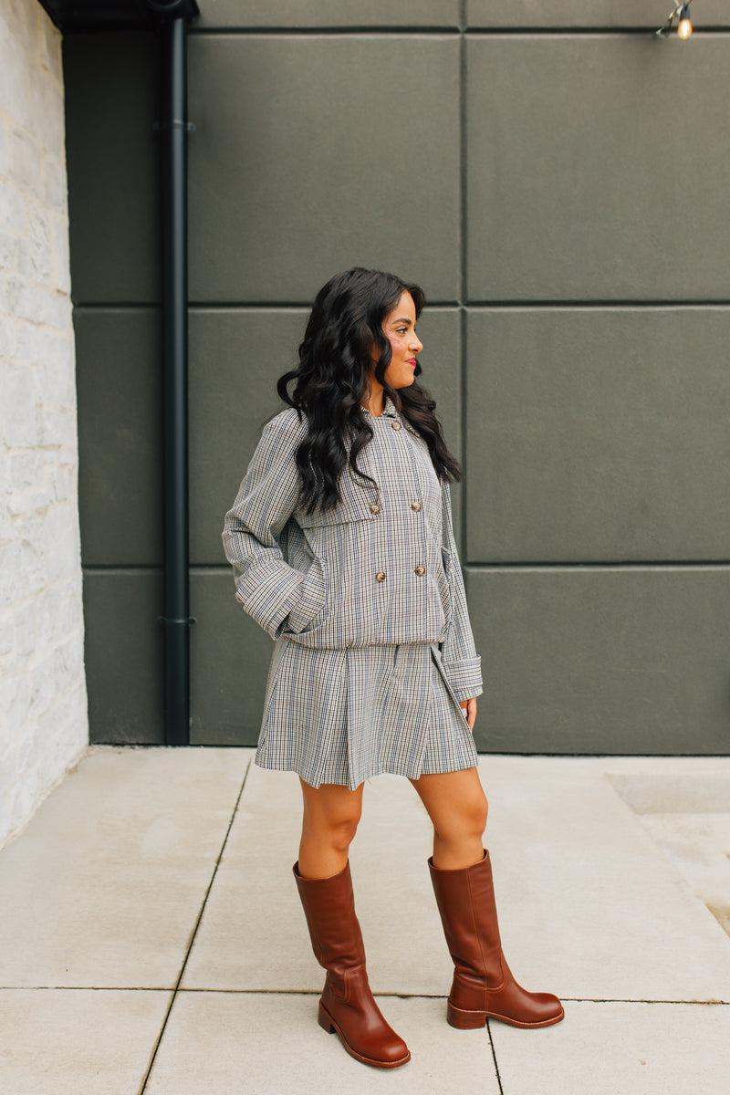Plaid Cropped Trench Jacket - Navy & Taupe