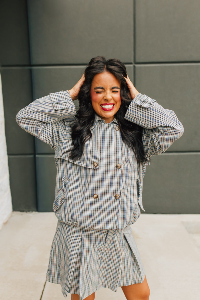 Plaid Cropped Trench Jacket - Navy & Taupe