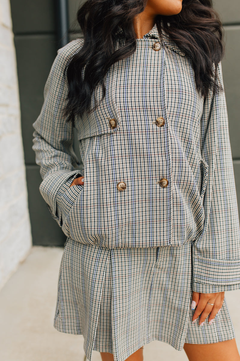 Plaid Cropped Trench Jacket - Navy & Taupe